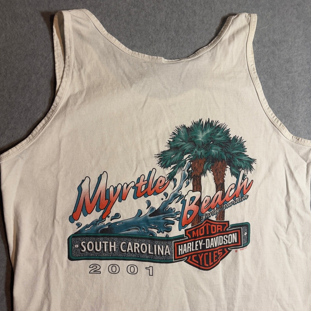 Vintage 2001 Harley Davidson Myrtle Beach Tank Top Mens XL White Flame Graphic